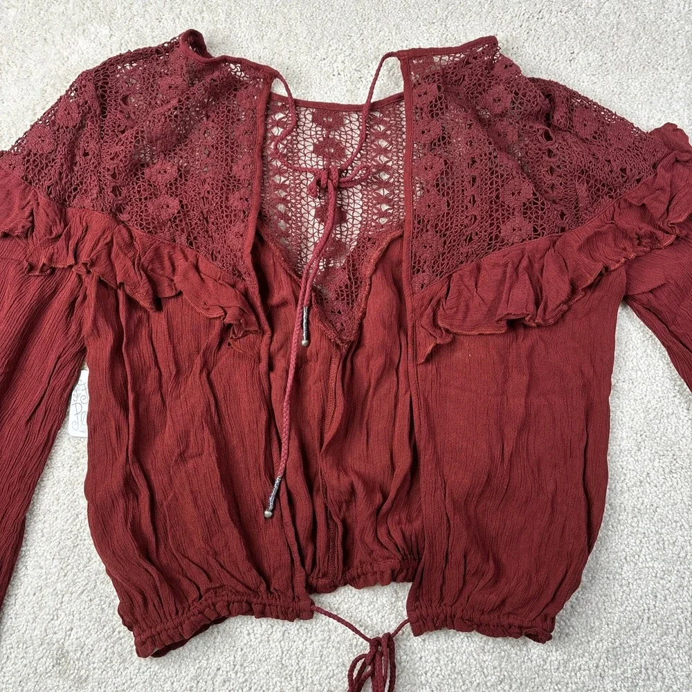 Free People Top Women's Size Small Maroon Lace‎ Open Back Long Sleeve Tie NWT